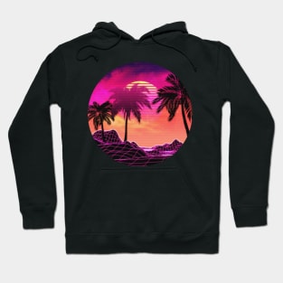 Pink vaporwave landscape with rocks and palms Hoodie